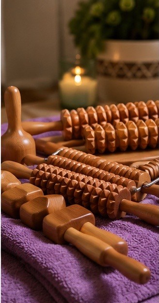 Instruments de madérothérapie en bois sculpté : rouleaux et outils de massage