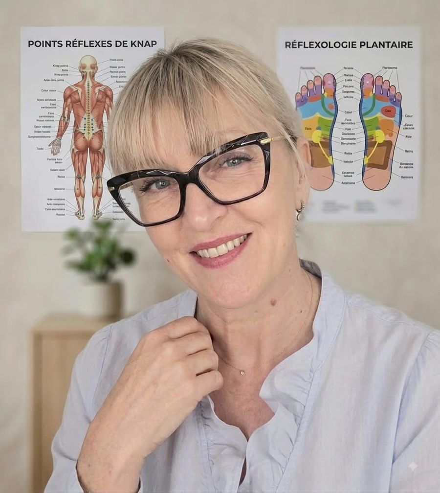 Sandka, thérapeute, dans son cabinet devant ses planches de réflexologie
